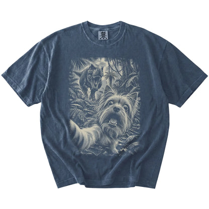 T-Rex Selfie Yorkie Comfort Colors 1717 T-Shirt in Denim, flat lay