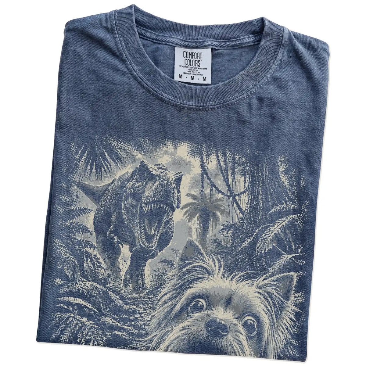 T-Rex Selfie Yorkie Comfort Colors 1717 T-Shirt in Denim, folded detail