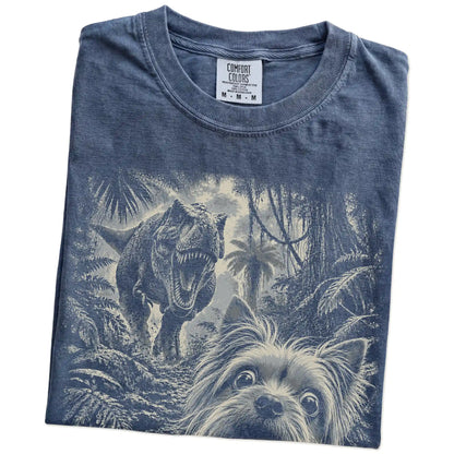 T-Rex Selfie Yorkie Comfort Colors 1717 T-Shirt in Denim, folded detail