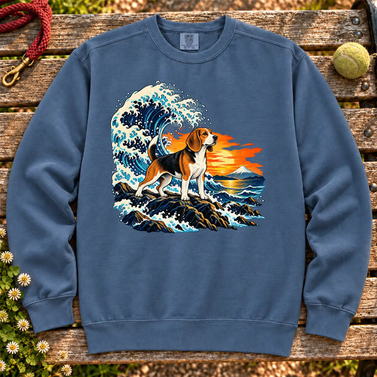 Beagle dog with ocean waves, sunset and Mount Fuji on a Denim Comfort Colors sweatshirt