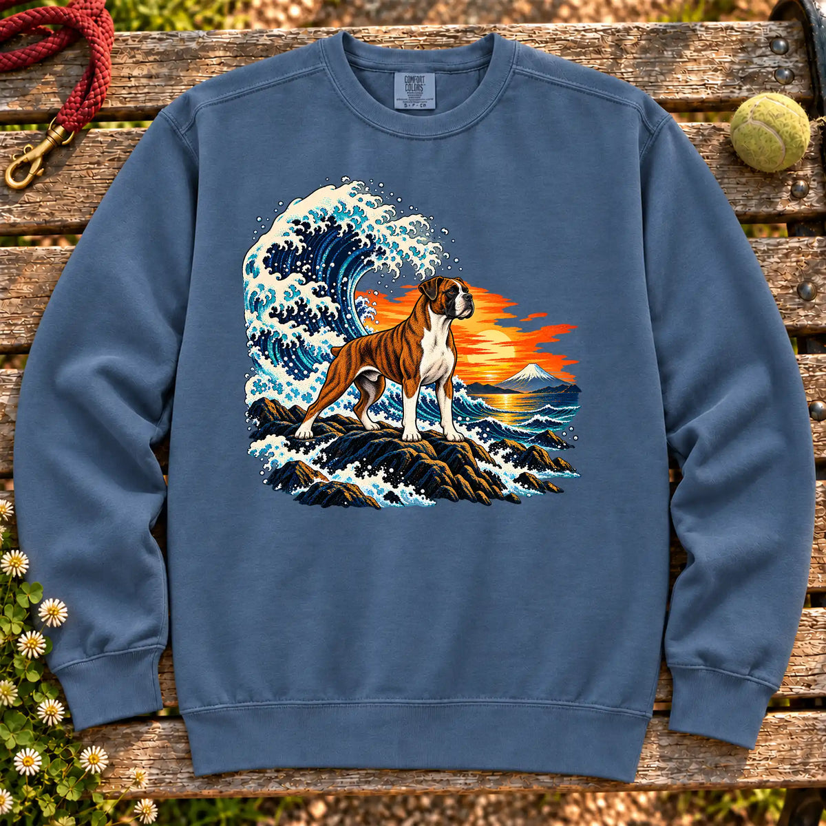 Boxer dog with ocean waves, sunset and Mount Fuji on a Denim Comfort Colors sweatshirt