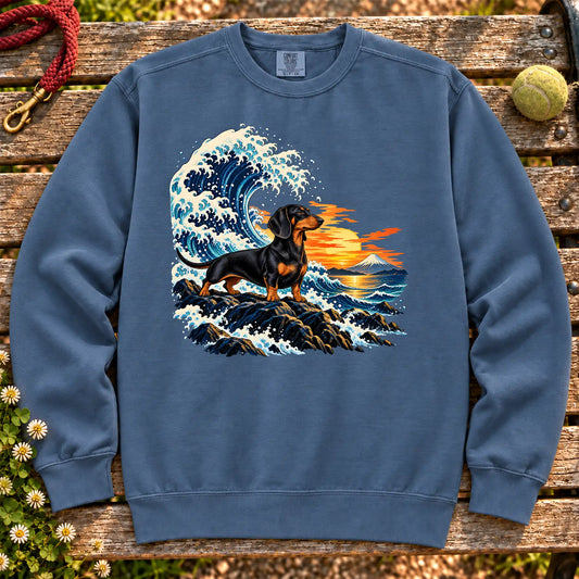 Dachshund dog with ocean waves, sunset and Mount Fuji on a Denim Comfort Colors sweatshirt
