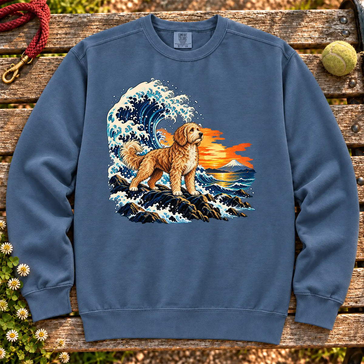 Goldendoodle dog with ocean waves, sunset and Mount Fuji on a Denim Comfort Colors sweatshirt
