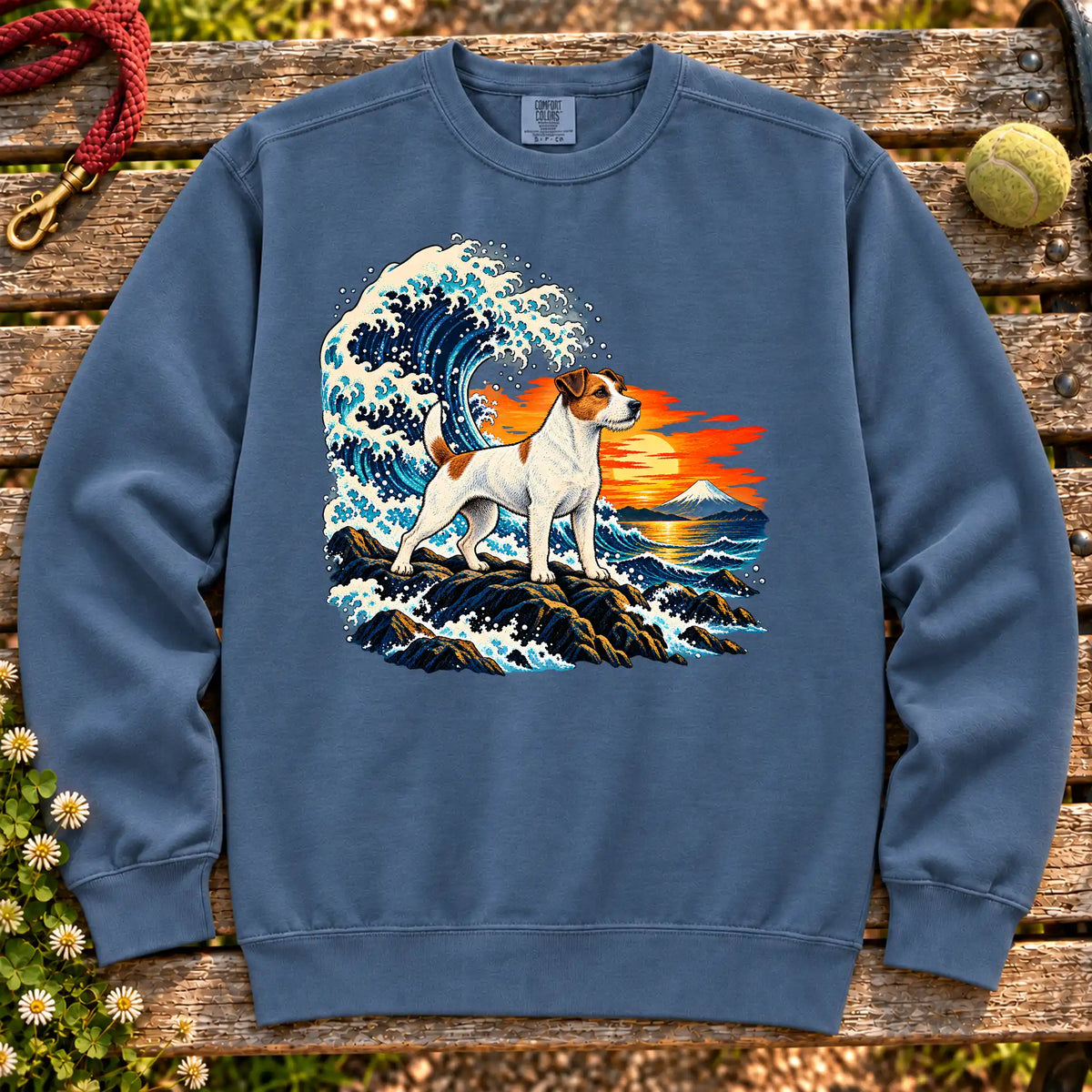 Jack Russell dog with ocean waves, sunset and Mount Fuji on a Denim Comfort Colors sweatshirt