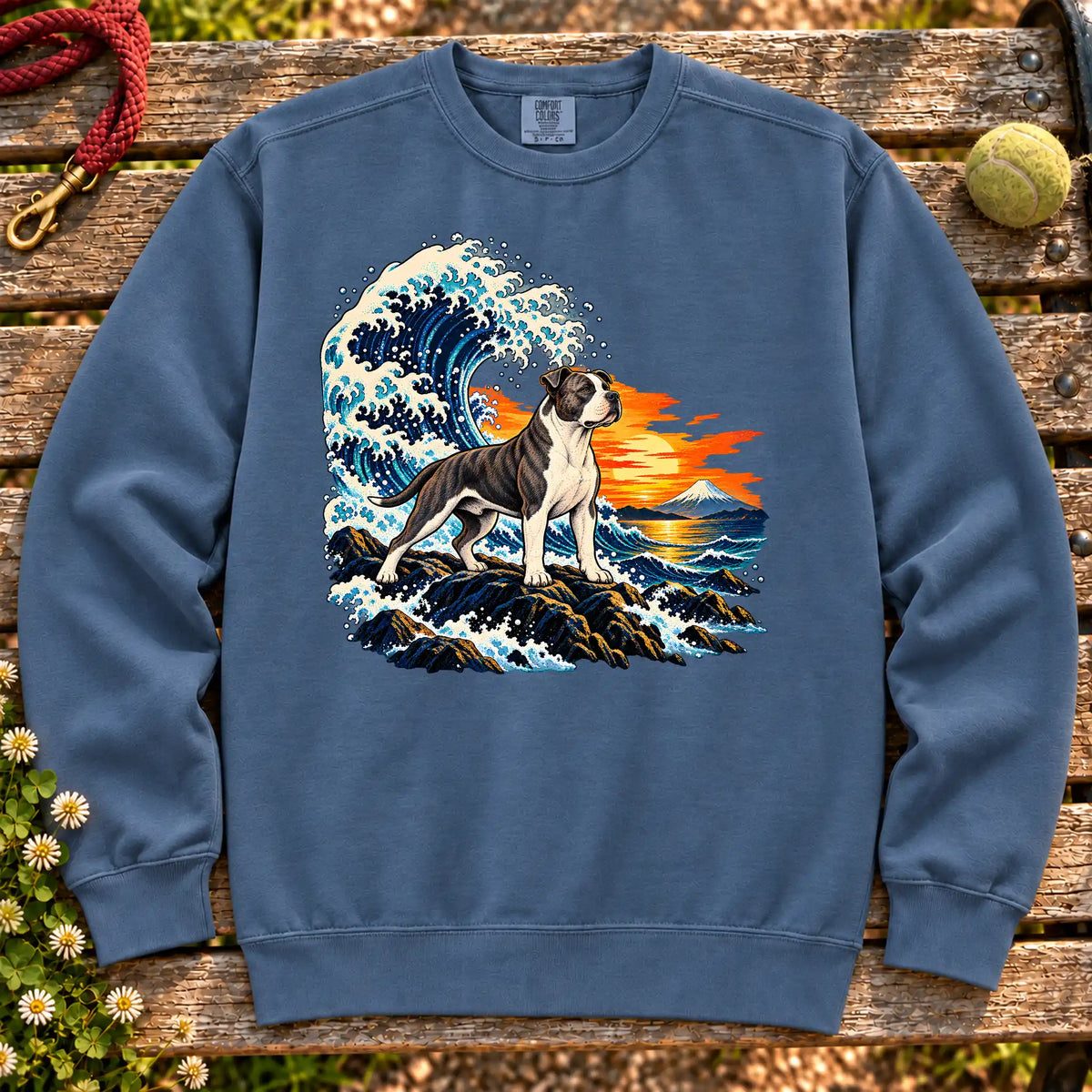 Pitbull dog with ocean waves, sunset and Mount Fuji on a Denim Comfort Colors sweatshirt