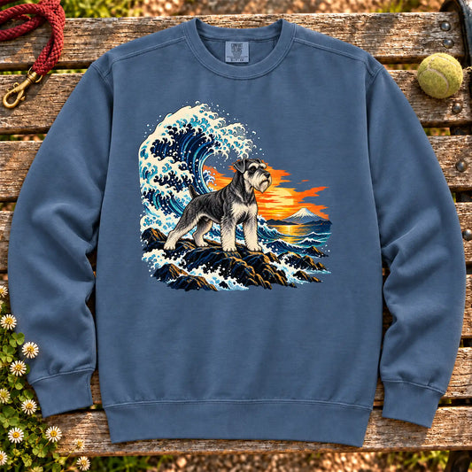 Schnauzer dog with ocean waves, sunset and Mount Fuji on a Denim Comfort Colors sweatshirt