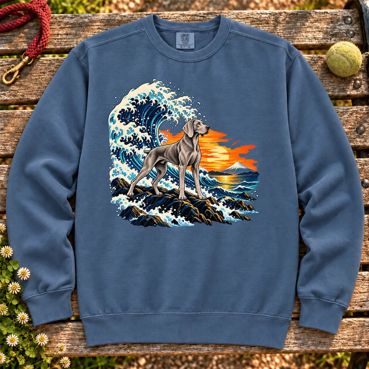 Weimaraner dog with ocean waves, sunset and Mount Fuji on a Denim Comfort Colors sweatshirt