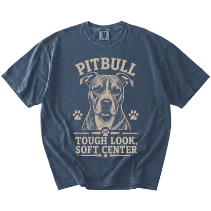 Pitbull design with “Tough Look, Soft Center” lettering on a Denim Comfort Colors® T-shirt
