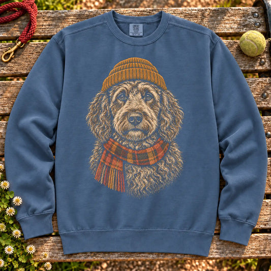 Denim sweatshirt with vintage Goldendoodle beanie-and-scarf portrait