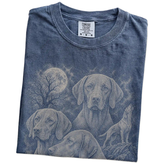 Folded Denim Comfort Colors® T-shirt showing a vintage moon montage featuring Vizsla