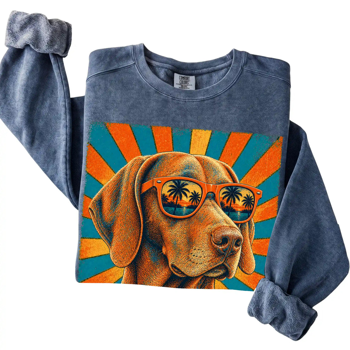 Folded Denim Comfort Colors sweatshirt with a Retro Vizsla Dad design