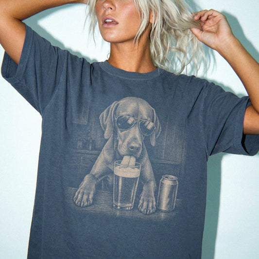 Model wearing a Denim Comfort Colors® t-shirt with Vizsla sneaking a drink from a pint