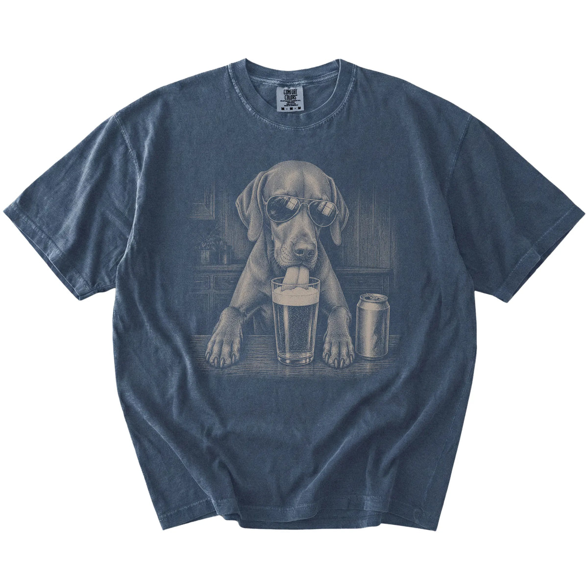 Vizsla sneaking a drink from a foamy pint at home on a Denim Comfort Colors® t-shirt