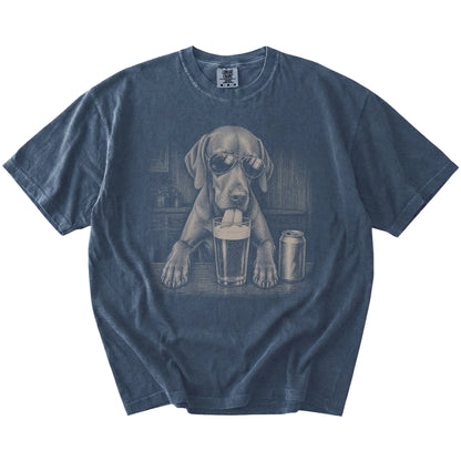 Vizsla sneaking a drink from a foamy pint at home on a Denim Comfort Colors® t-shirt
