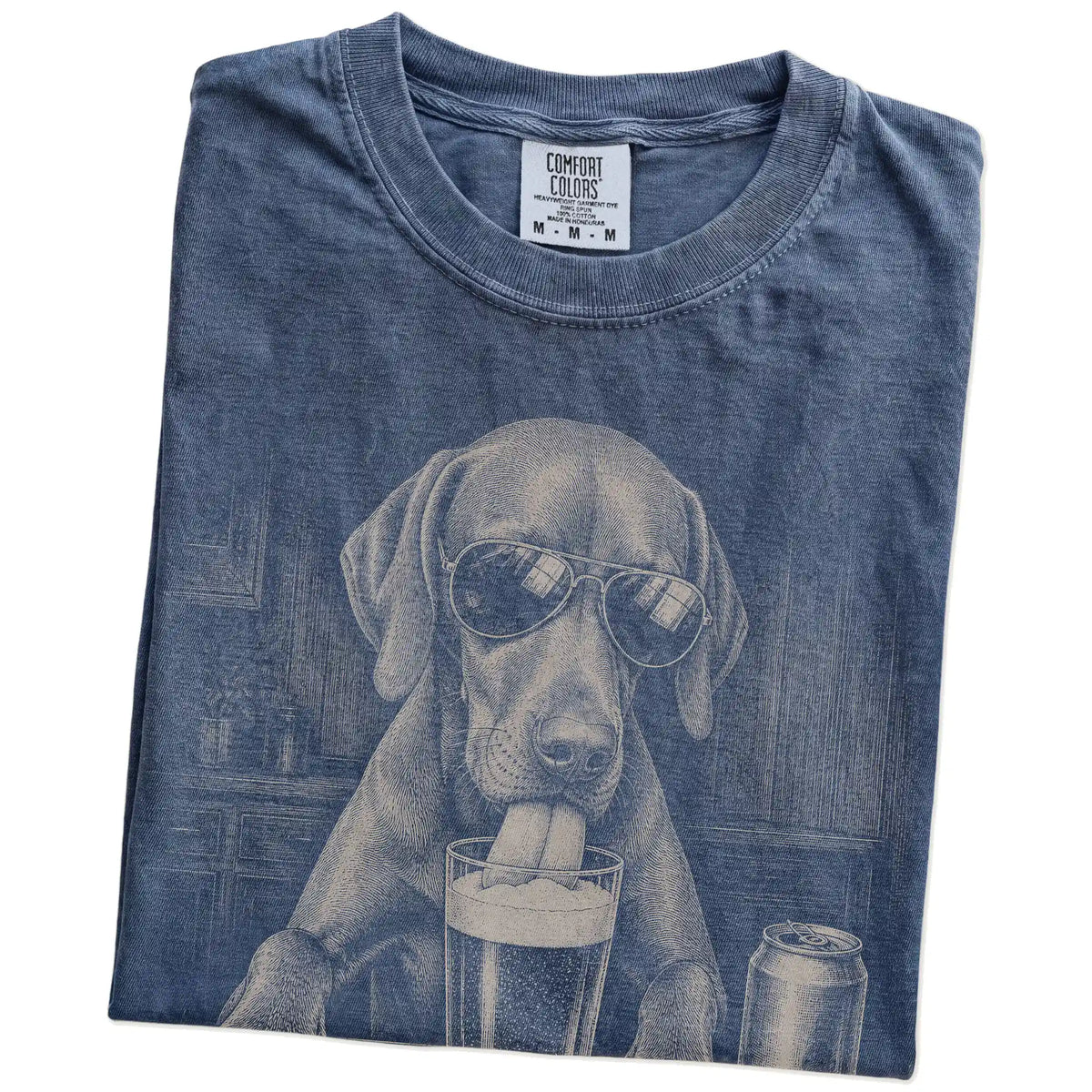 Folded Denim Comfort Colors® t-shirt showing Vizsla sneaking a drink from a pint