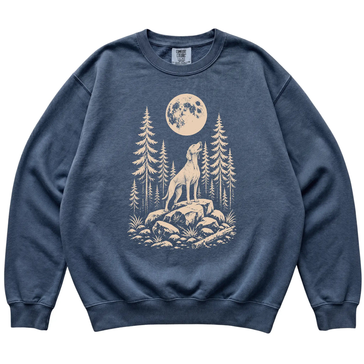 Close view of Vizsla Howling at the Moon artwork on Denim Comfort Colors sweatshirt