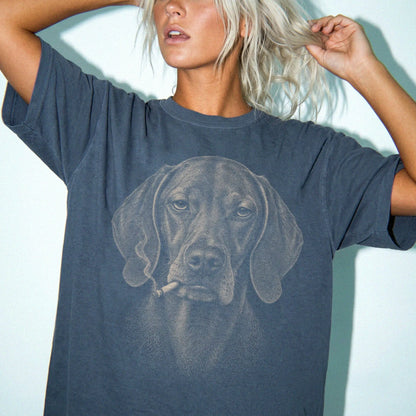 Model wearing a Vizsla smoking design on a Denim t-shirt