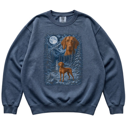 denim sweatshirt with Vizsla Winter Moon artwork.