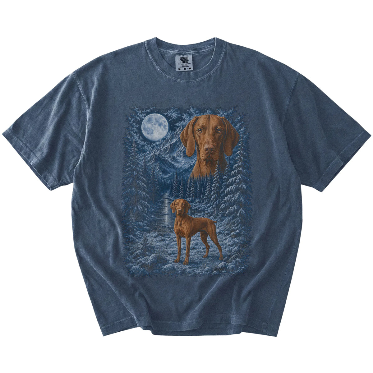 denim T-shirt with Vizsla Winter Moon artwork.