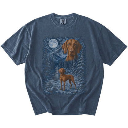 denim T-shirt with Vizsla Winter Moon artwork.