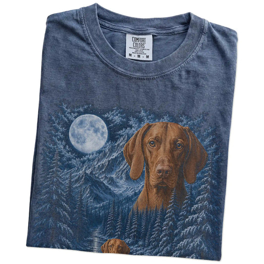 Folded denim T-shirt with Vizsla Winter Moon artwork.