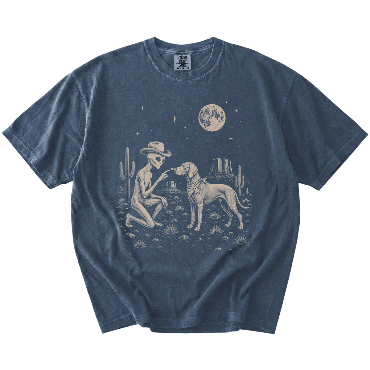 Cowboy alien fist-bumping a Weimaraner beneath the moon on a Denim Comfort Colors® T-shirt