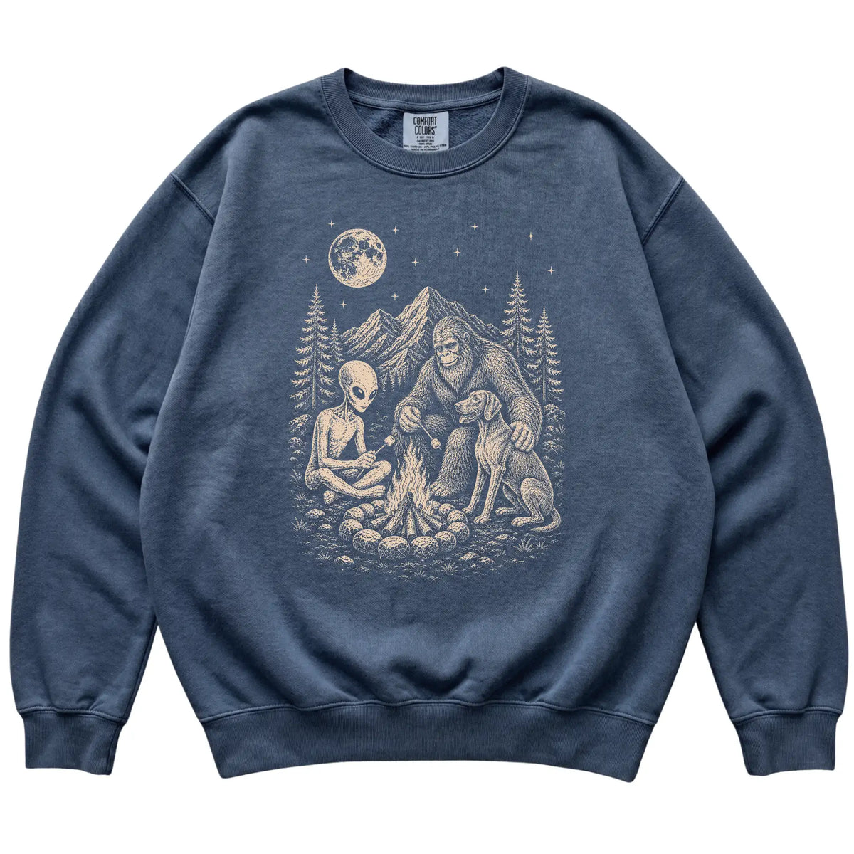 Denim Weimaraner Camping with Bigfoot and Alien shirt laid flat