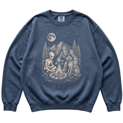 Denim Weimaraner Camping with Bigfoot and Alien shirt laid flat
