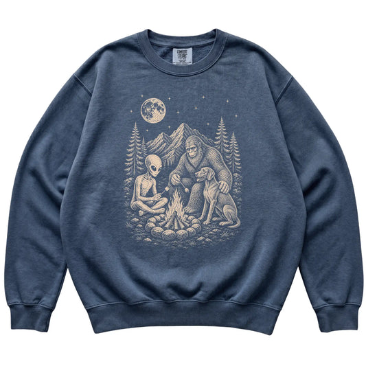 Denim Weimaraner Camping with Bigfoot and Alien shirt laid flat