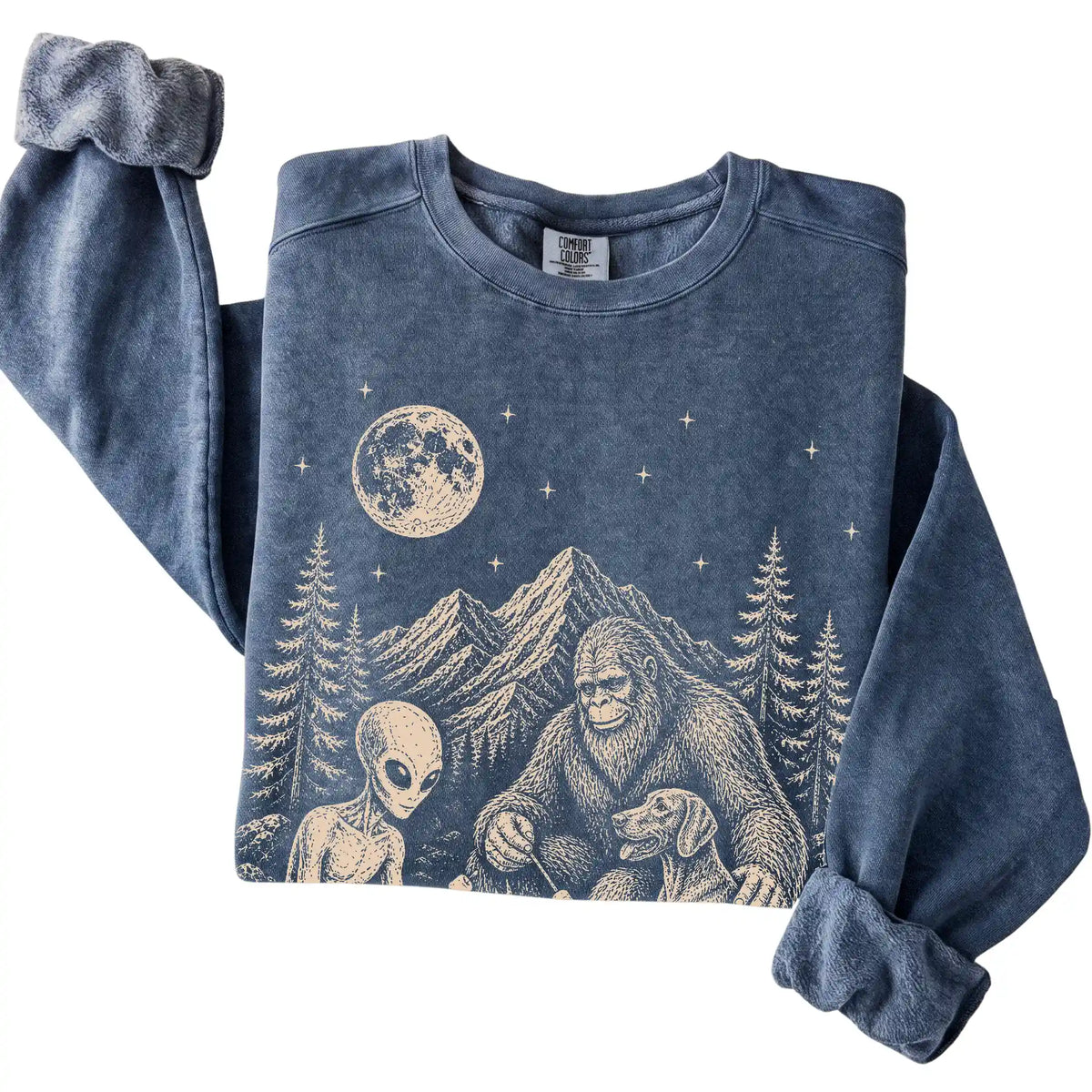 Denim Weimaraner Camping with Bigfoot and Alien folded detail view