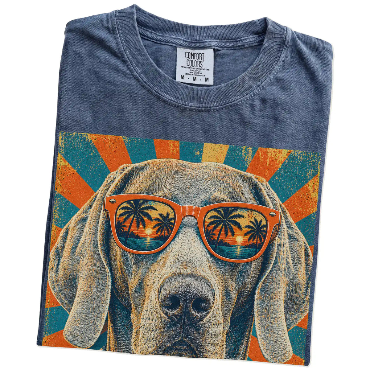 Retro Weimaraner Dad design on a Denim Comfort Colors T-shirt folded detail