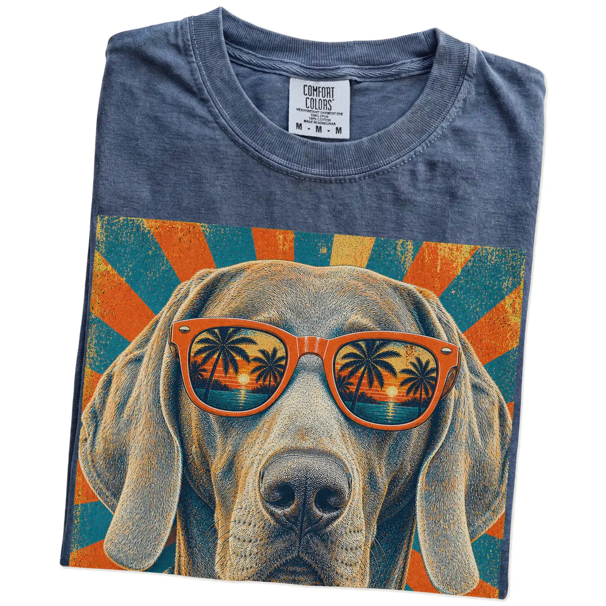 Retro Weimaraner Dad design on a Denim Comfort Colors T-shirt folded detail