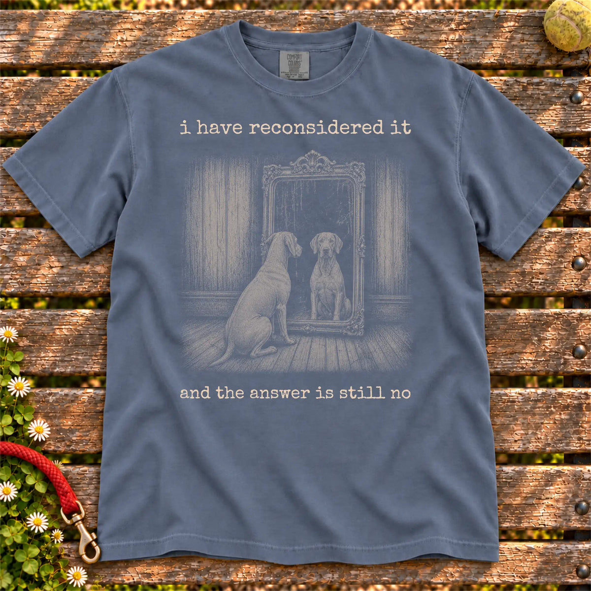 Antisocial Weimaraner design on a Denim Comfort Colors T-shirt, shown flat