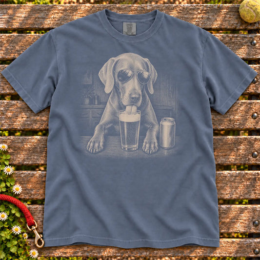 Weimaraner Drinking Beer design on a Denim Comfort Colors T-shirt, shown flat