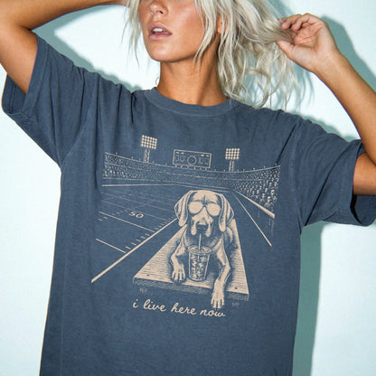 Model wearing a Denim Comfort Colors® T-shirt featuring Weimaraner ready for football and tailgate season