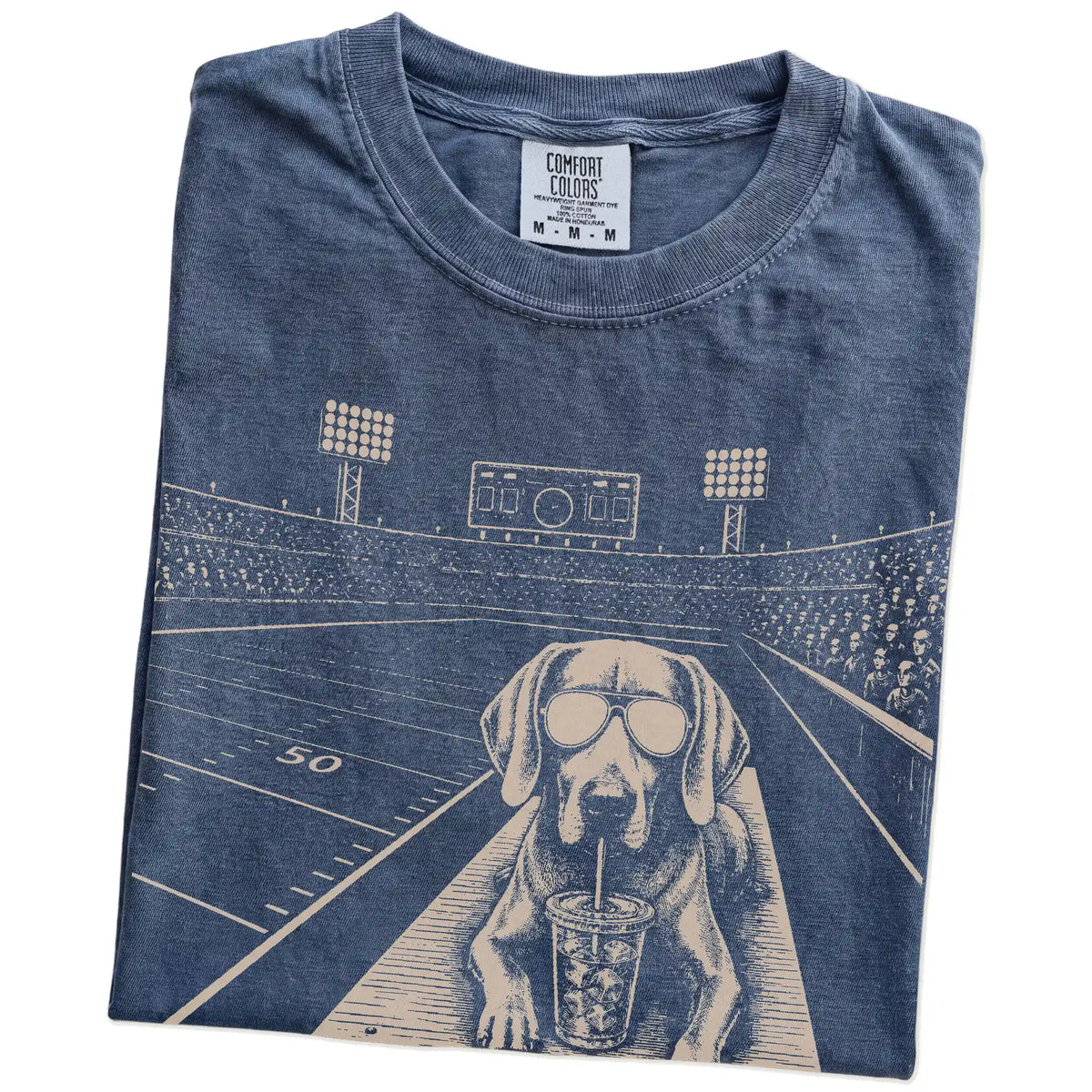Folded Denim Comfort Colors® T-shirt showing Weimaraner ready for football and tailgate season