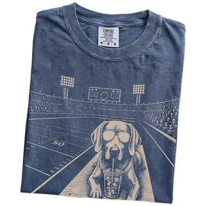 Folded Denim Comfort Colors® T-shirt showing Weimaraner ready for football and tailgate season