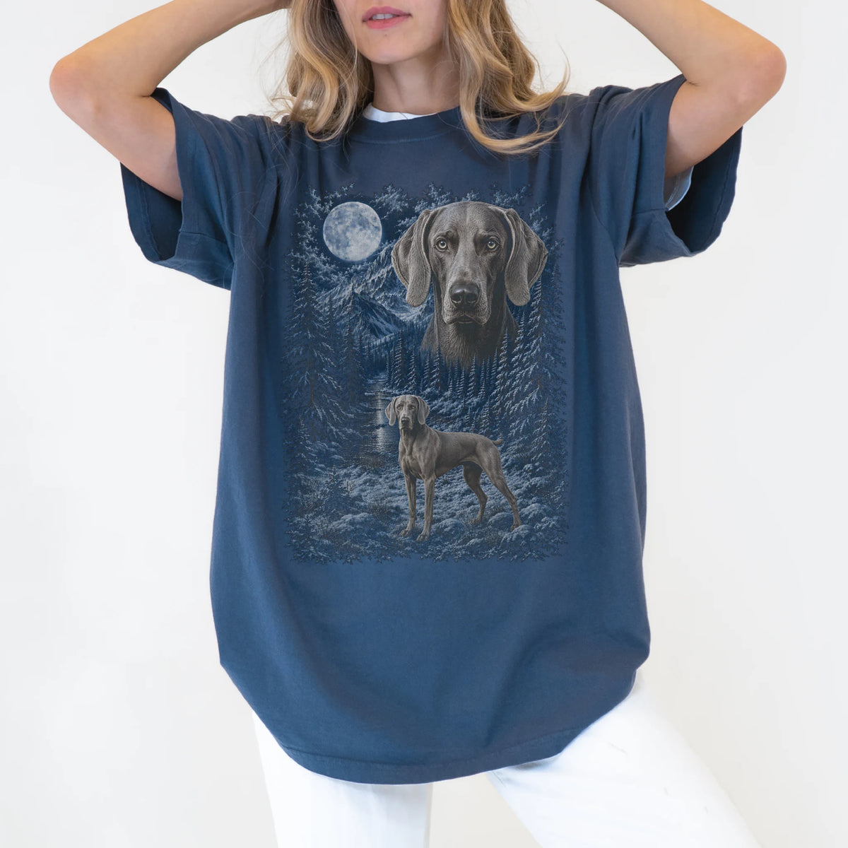 Person wearing a Denim Weimaraner winter forest t-shirt