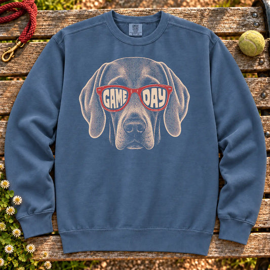 Weimaraner Game Day Sunglasses on a Denim crewneck sweatshirt, shown flat