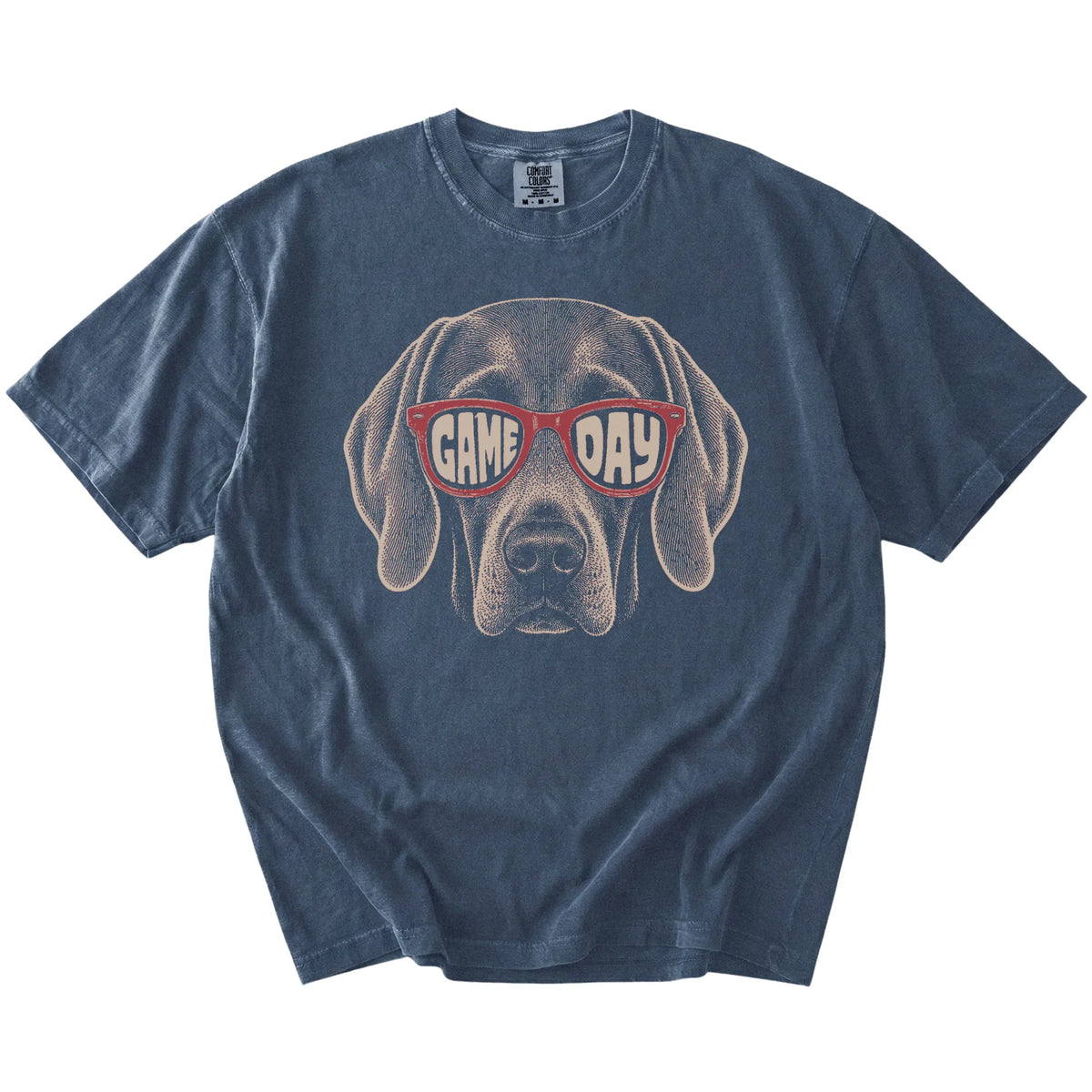Weimaraner wearing red Game Day sunglasses on a Denim Comfort Colors® T-shirt