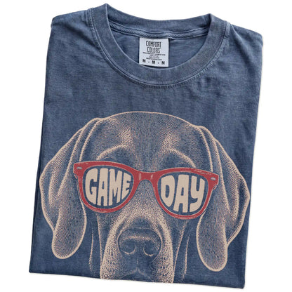 Folded Denim Comfort Colors® T-shirt showing weimaraner wearing red game day sunglasses