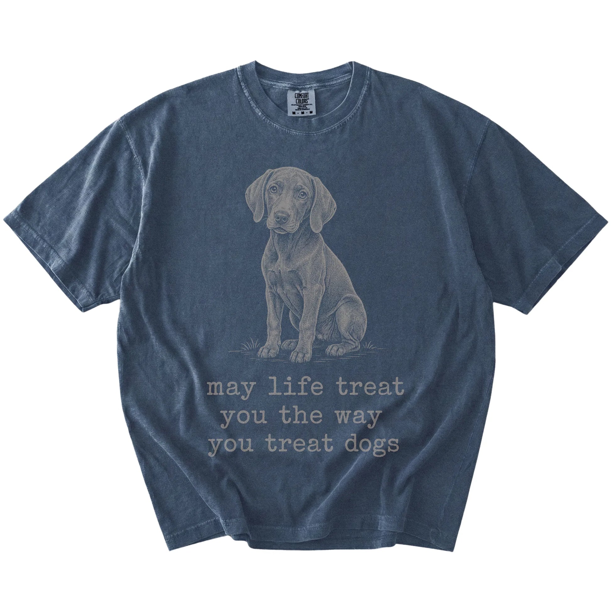 Denim Weimaraner Karma T-Shirt laid flat