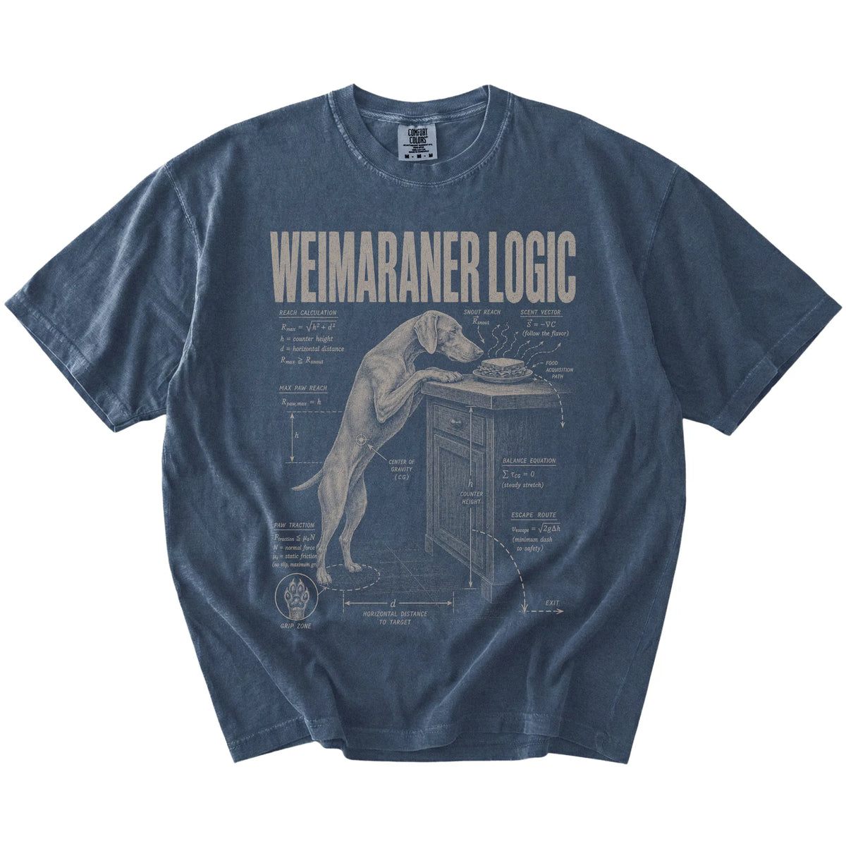 Denim Weimaraner Logic T-Shirt laid flat