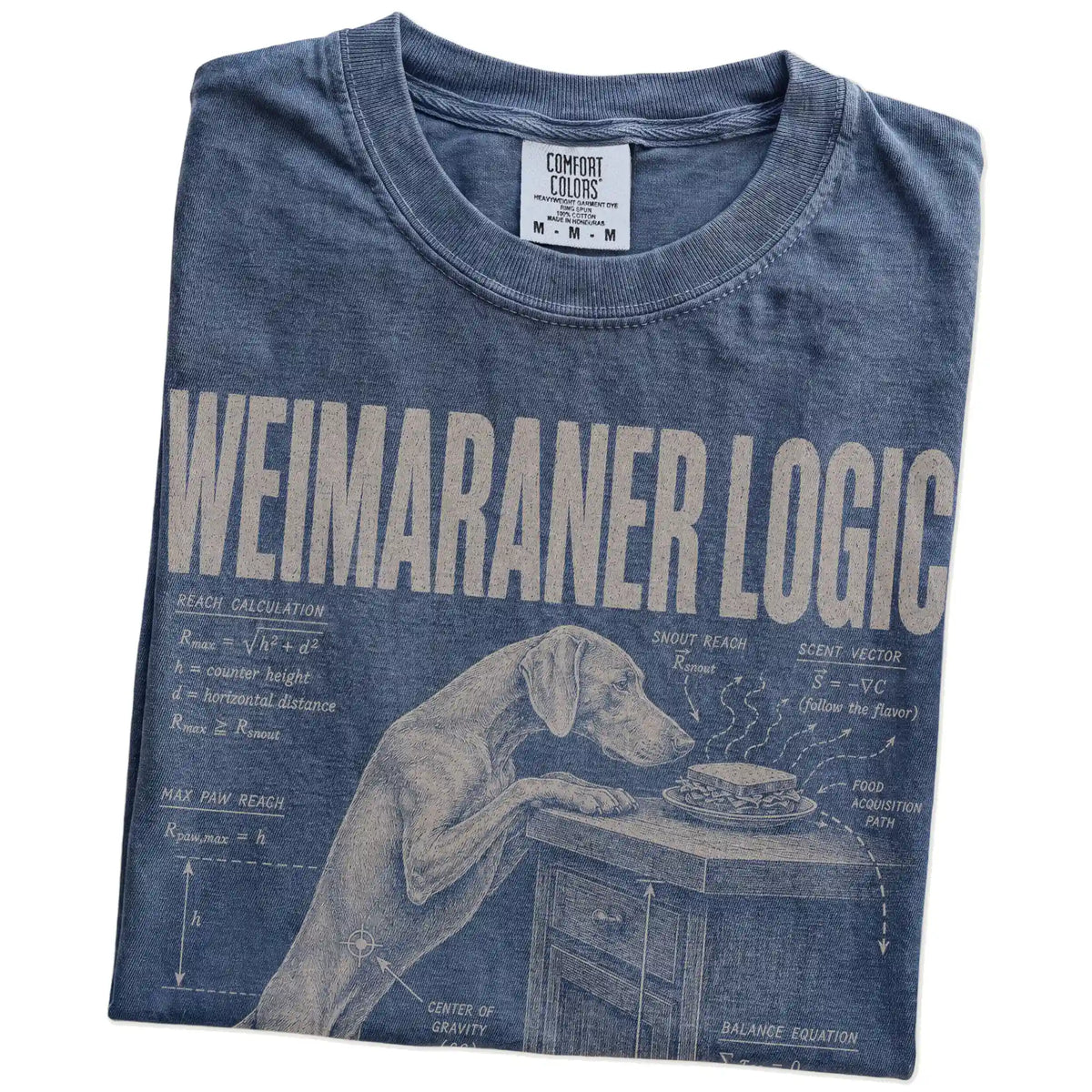 Folded Denim Weimaraner Logic T-Shirt showing the graphic