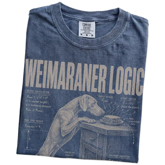 Folded Denim Weimaraner Logic T-Shirt showing the graphic