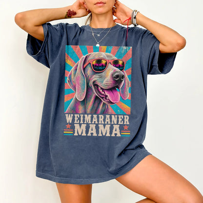 Retro Weimaraner Mama design on a Denim Comfort Colors T-shirt worn by a model