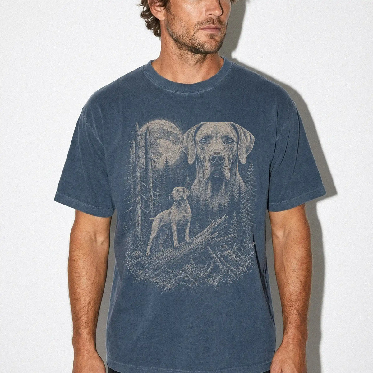 Man wearing a Denim Weimaraner Moonlit Forest T-Shirt