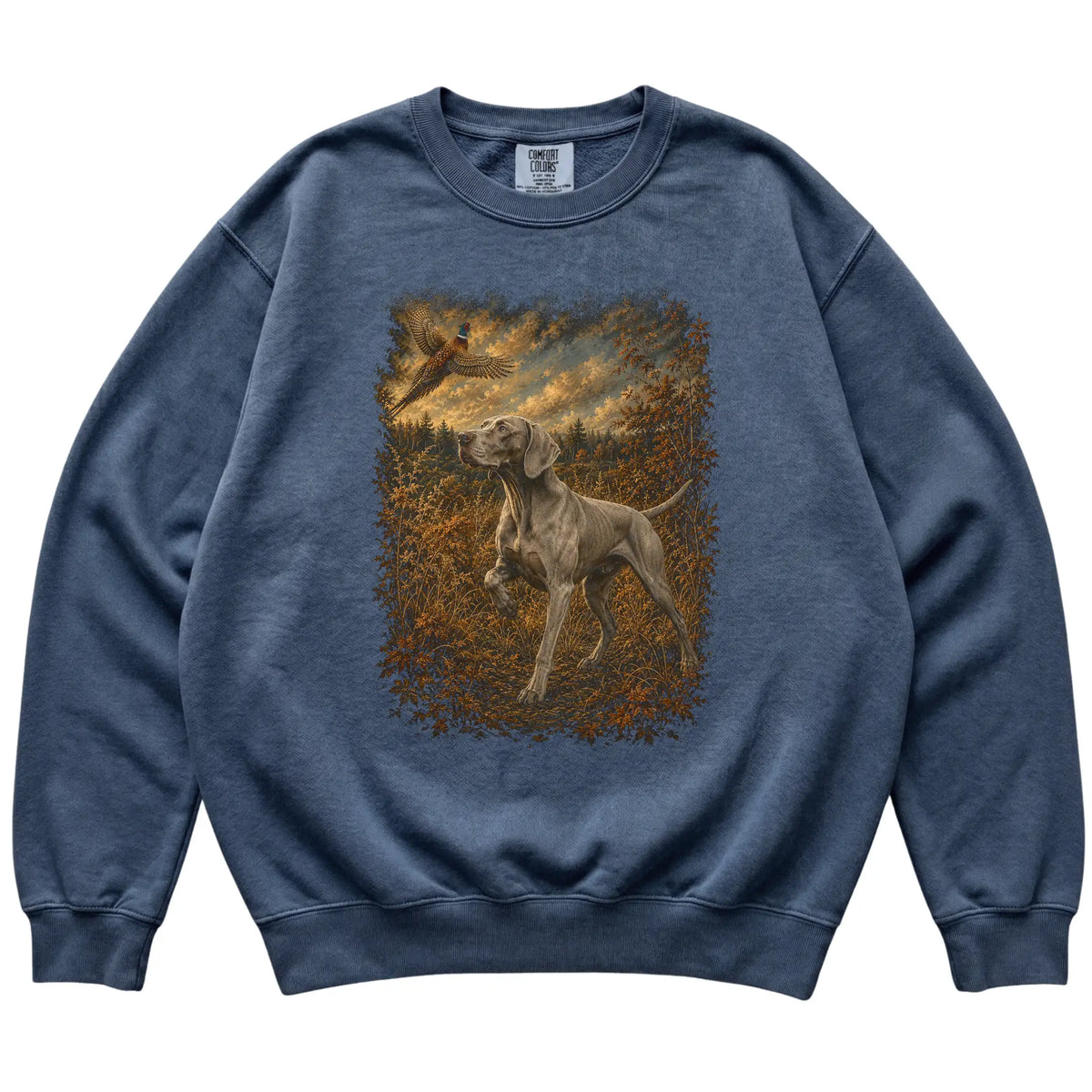 Weimaraner Pheasant Hunting Sweatshirt in Denim
