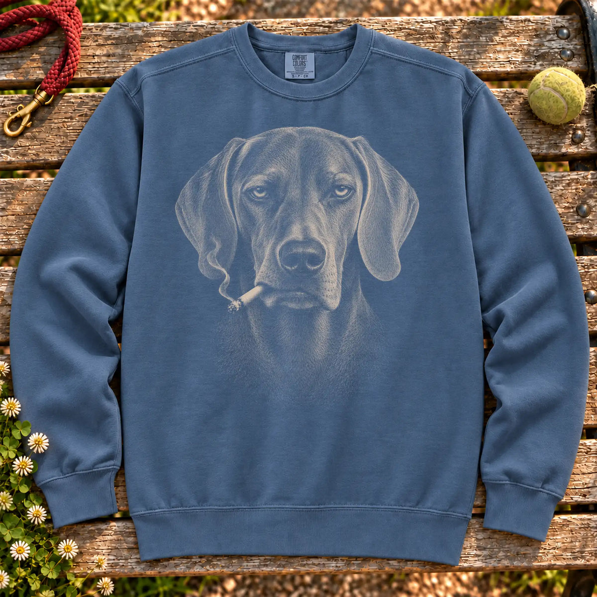 Weimaraner smoking design on a Denim sweatshirt