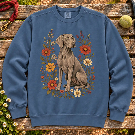 Weimaraner surrounded by wildflowers on a Denim Comfort Colors® sweatshirt